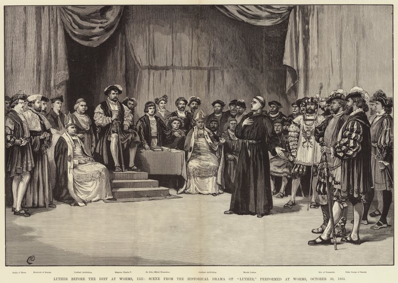 Luther voor de Rijksdag in Worms, 1521, scène uit het historische drama van Luther, uitgevoerd in Worms, 30 oktober 1883 door Frank Dadd
