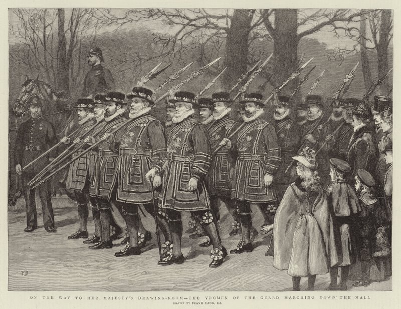 Op weg naar de ontvangstkamer van Hare Majesteit, de Yeomen of the Guard marcheren door de Mall door Frank Dadd