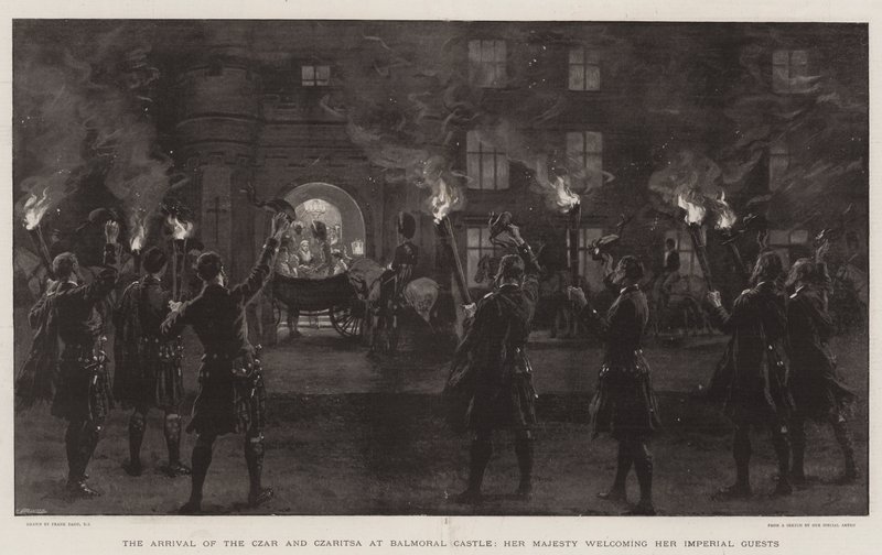 De Aankomst van de Tsaar en Tsarina bij Balmoral Kasteel, Hare Majesteit verwelkomt haar Keizerlijke Gasten door Frank Dadd