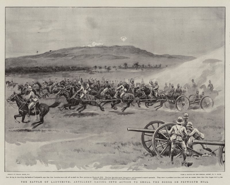 De Slag bij Ladysmith, Artillerie racet in Actie om de Boeren op Pepworth Hill te beschieten door Frank Dadd