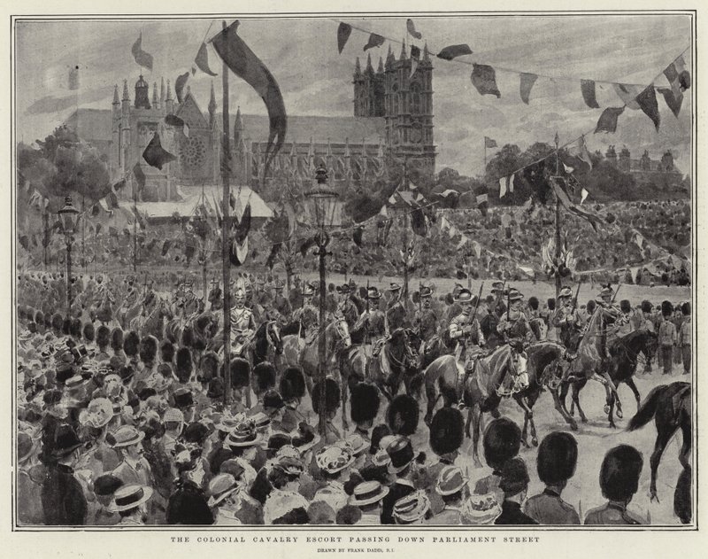 De koloniale cavalerie-escorte die Parliament Street passeert door Frank Dadd