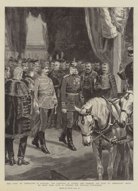 De hertog van Connaught in Hongarije, de keizers van Oostenrijk en Duitsland en de hertog van Connaught op het punt om te vertrekken van Guns om de militaire manoeuvres te aanschouwen door Frank Dadd