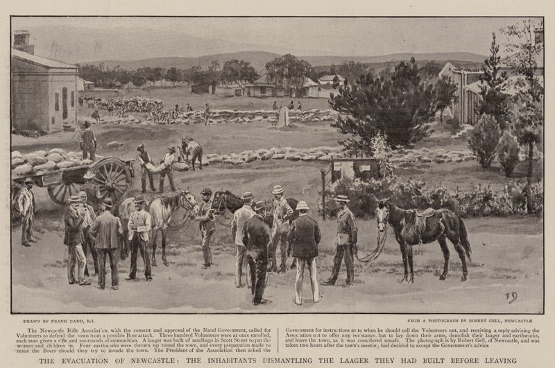 De evacuatie van Newcastle, de inwoners ontmantelen de Laager die ze hadden gebouwd voordat ze vertrokken door Frank Dadd