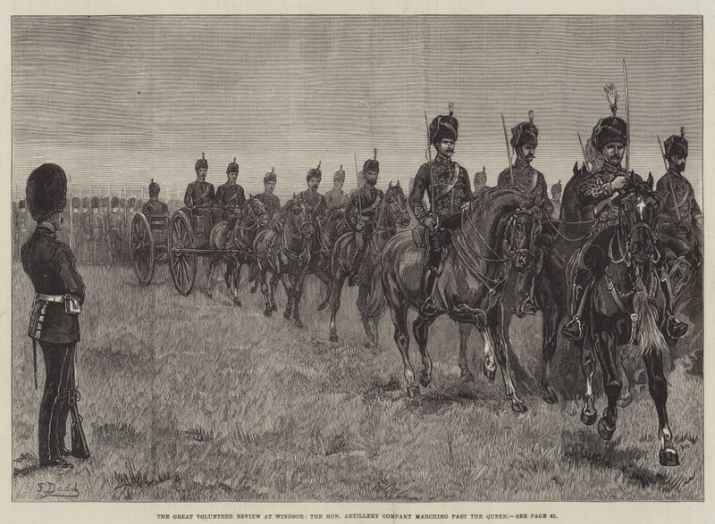 De grote vrijwilligersparade in Windsor, de Honourable Artillery Company marcheert langs de koningin door Frank Dadd