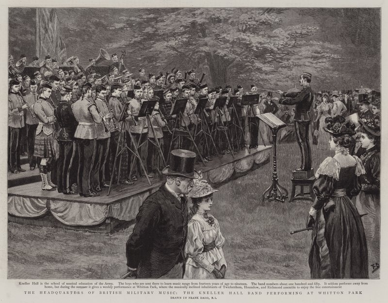 Het Hoofdkwartier van de Britse Militaire Muziek, de Kneller Hall Band die optreedt in Whitton Park door Frank Dadd