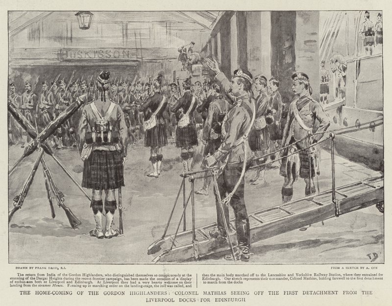 De Thuiskomst van de Gordon Highlanders, Kolonel Mathias ziet het Eerste Detachement vertrekken van de Liverpool Docks naar Edinburgh door Frank Dadd