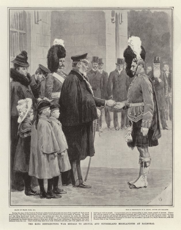 De koning reikt oorlogmedailles uit aan Argyll en Sutherland Highlanders in Balmoral door Frank Dadd