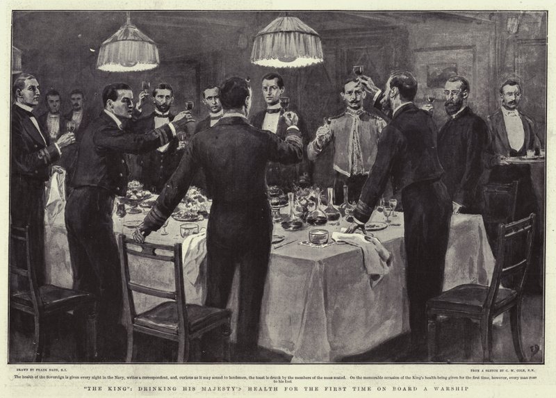 De koning, drinkend op de gezondheid van Zijne Majesteit voor de eerste keer aan boord van een oorlogsschip door Frank Dadd