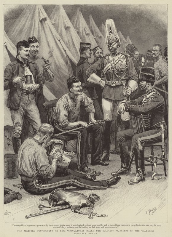 Het Militaire Toernooi in de Agricultural Hall, de Soldatenkwartieren in de Galerijen door Frank Dadd
