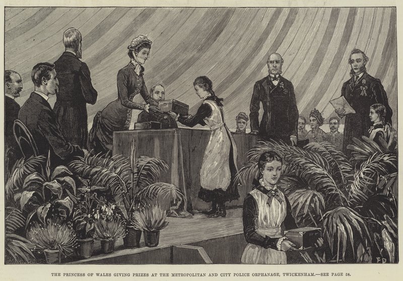 De prinses van Wales die prijzen uitreikt bij het Metropolitan and City Police Orphanage, Twickenham door Frank Dadd