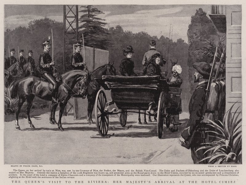 Het bezoek van de koningin aan de Rivièra, de aankomst van Hare Majesteit in het Hotel Cimiez door Frank Dadd