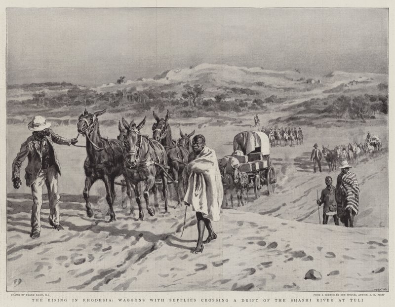 De Opstand in Rhodesië, Wagens met Voorzieningen steken een Drift van de Shashi Rivier over bij Tuli door Frank Dadd