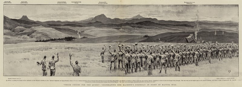 Drie Hoeraatjes voor de Koningin, viering van de Verjaardag van Hare Majesteit in Zicht van Majuba Hill door Frank Dadd