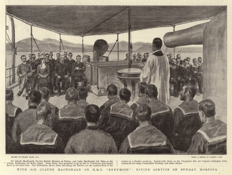 Met Sir Claude MacDonald op H.M.S. Endymion, Godsdienstoefening op Zondagochtend door Frank Dadd