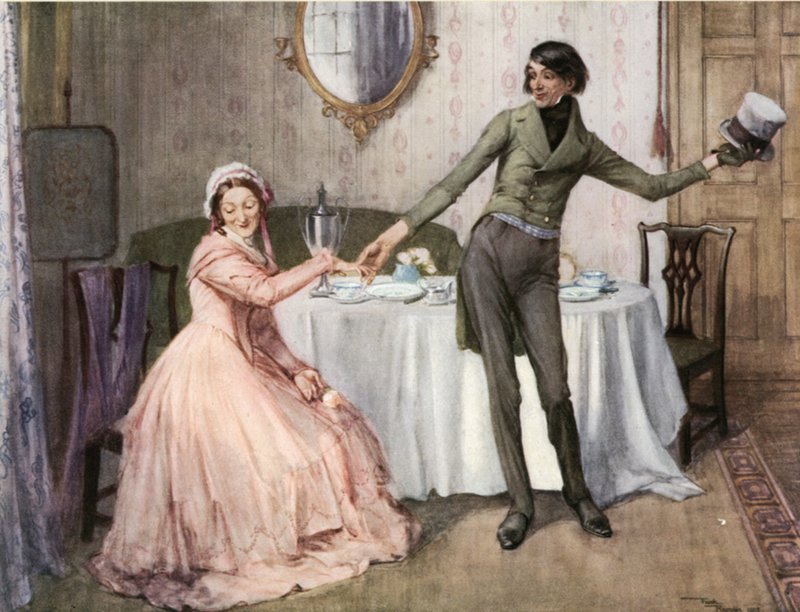 Mr. Jingle en de vrijgezelle tante (kleur litho) door Frank Reynolds