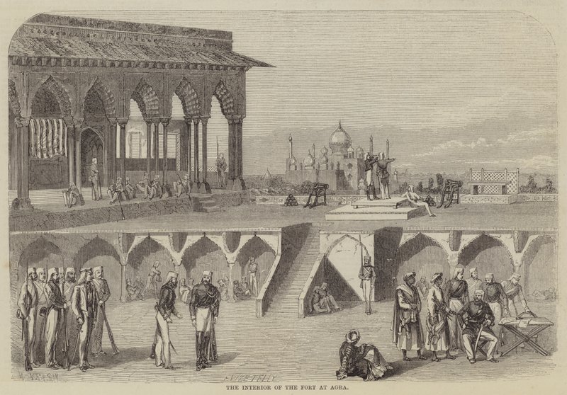 Het interieur van het fort in Agra door Frank Vizetelly