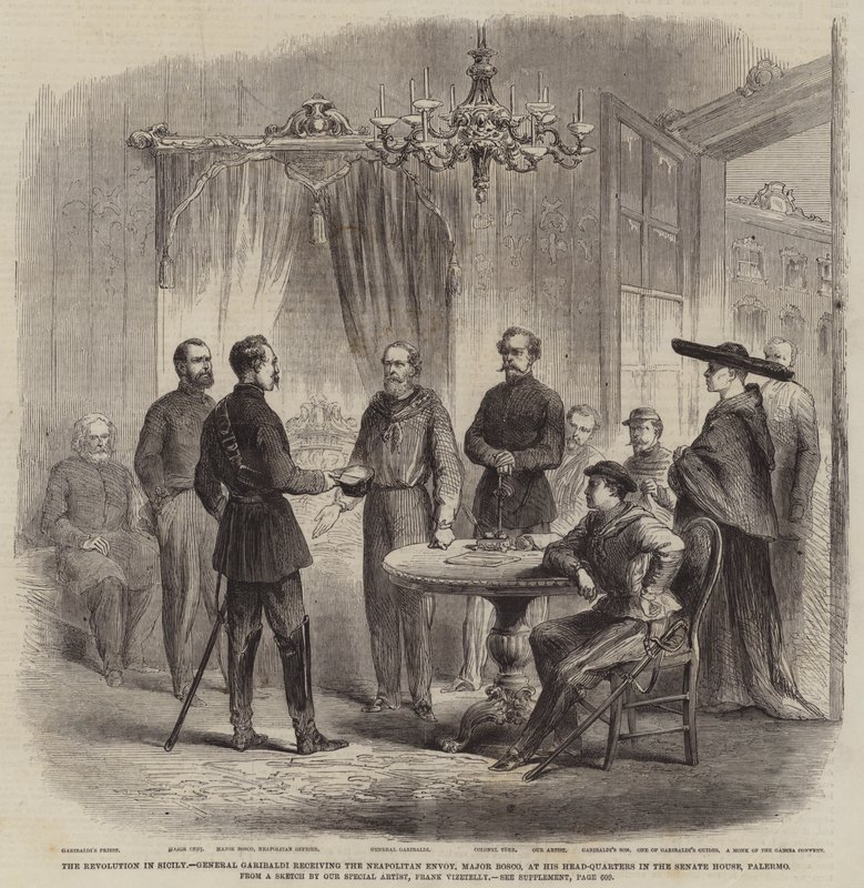 De Revolutie in Sicilië, Generaal Garibaldi ontvangt de Napolitaanse Gezant, Majoor Bosco, in zijn Hoofdkwartier in het Senaatshuis, Palermo door Frank Vizetelly