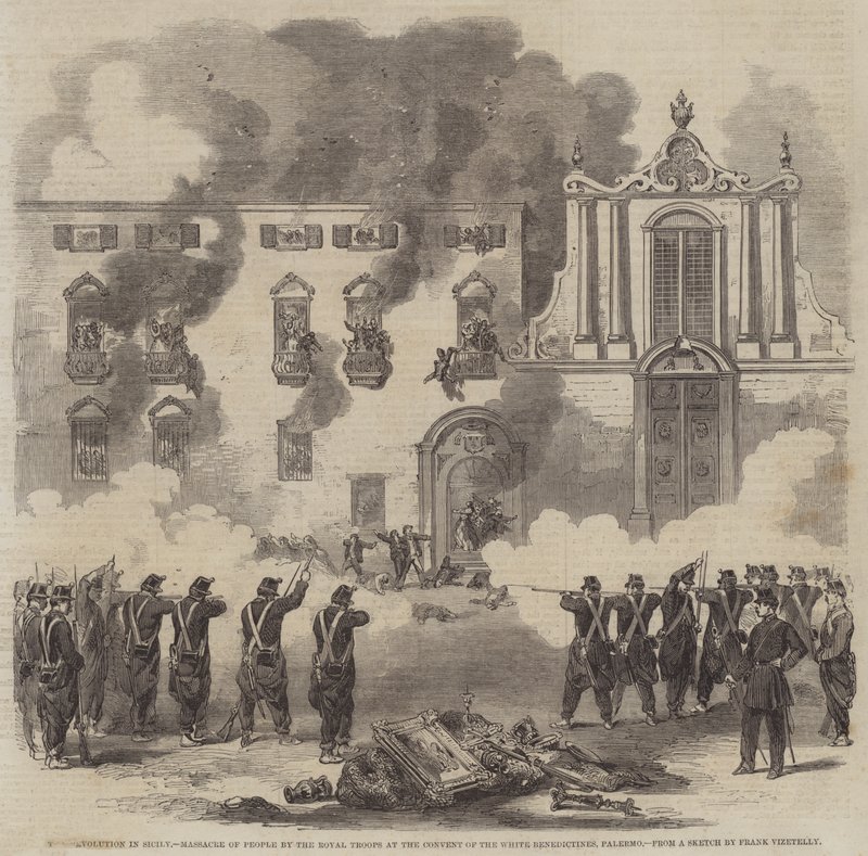 De Revolutie in Sicilië, Bloedbad van Mensen door de Koninklijke Troepen in het Klooster van de Witte Benedictijnen, Palermo door Frank Vizetelly