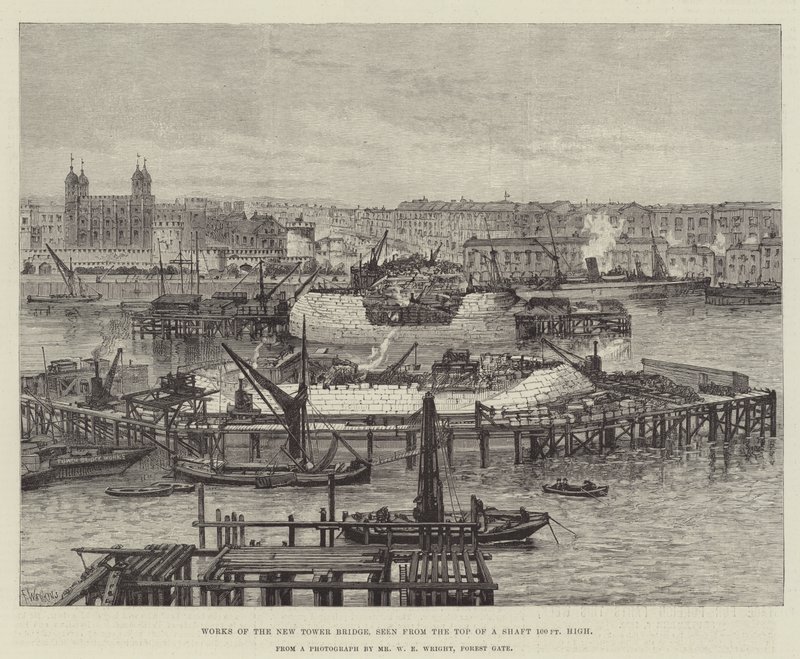 Werken aan de nieuwe Tower Bridge, gezien vanaf de top van een schacht van 30 meter hoog door Frank Watkins
