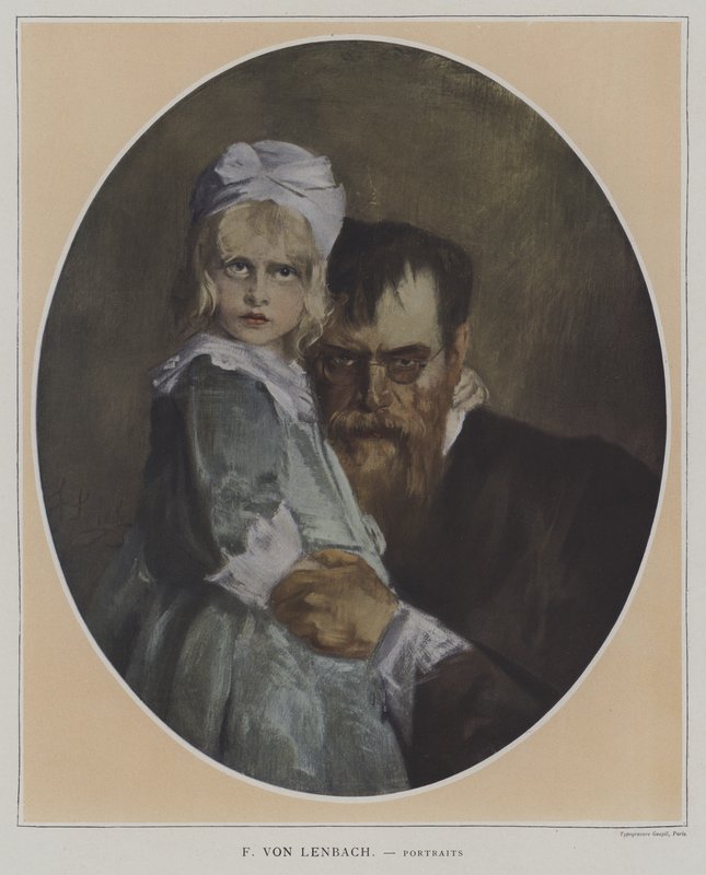 Zelfportret met dochter (kleurenlitho) door Franz Seraph von (after) Lenbach