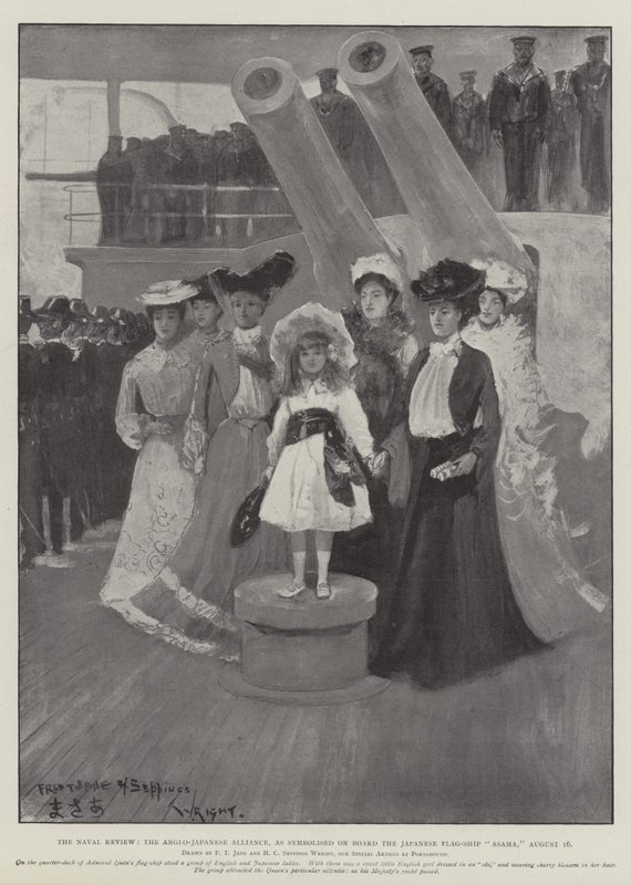 De Marine Review, de Anglo-Japanse Alliantie, gesymboliseerd aan boord van het Japanse Vlaggenschip Asama, 16 augustus door Fred T. Jane