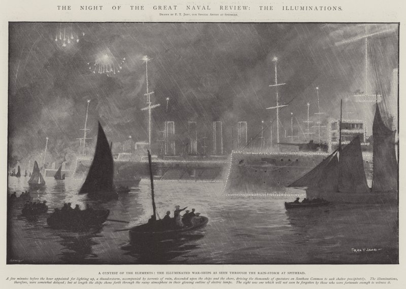 De nacht van de grote marineparade, de illuminaties door Fred T. Jane