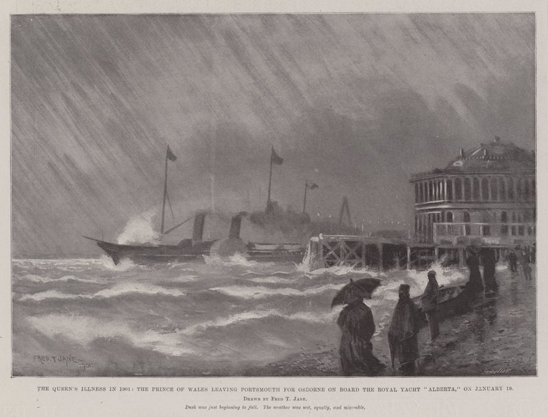 De Ziekte van de Koningin in 1901, de Prins van Wales vertrekt uit Portsmouth naar Osborne aan boord van het Koninklijk Jacht Alberta, op 19 januari door Fred T. Jane