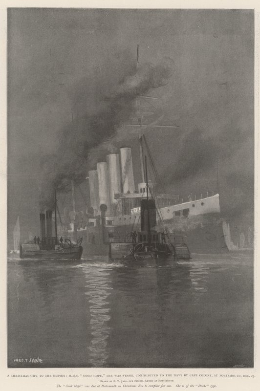Een Kerstcadeau aan het Rijk, HMS Good Hope, het Oorlogsschip bijgedragen aan de Marine door Kaapkolonie, in Portsmouth, 25 december door Fred T. Jane