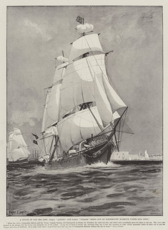 Een vleugje oud zeemansleven, HMS Active en HMS Volage verlaten de haven van Portsmouth alleen onder zeil door Fred T. Jane