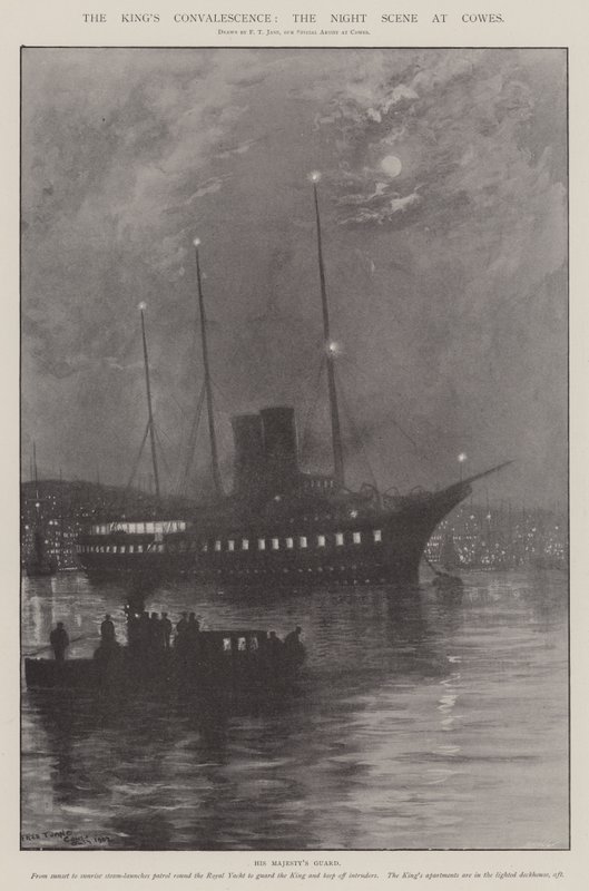 Het Herstel van de Koning, de Nachtelijke Scene bij Cowes door Fred T. Jane