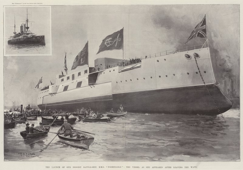 De Lancering van Ons Grootste Oorlogsschip, HMS Formidable, het Schip zoals het verscheen na het Verlaten van de Hellingen door Fred T. Jane
