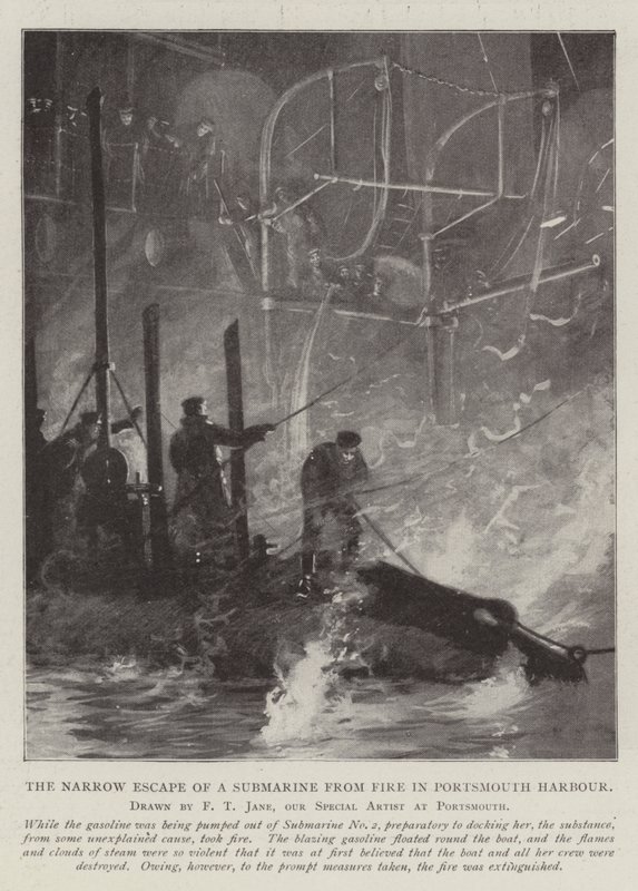 De Nauwe Ontsnapping van een Onderzeeër uit Brand in de Haven van Portsmouth door Fred T. Jane