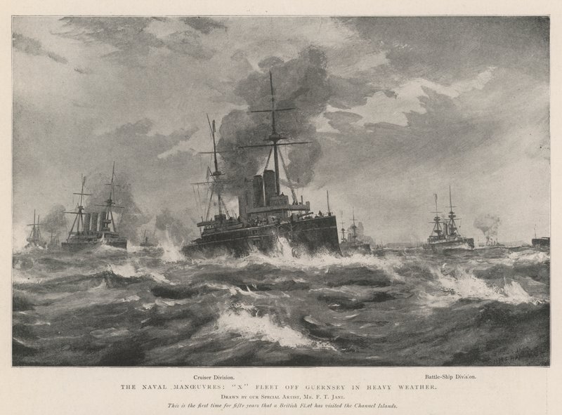 De marine-oefeningen, X-vloot bij Guernsey in zwaar weer door Fred T. Jane