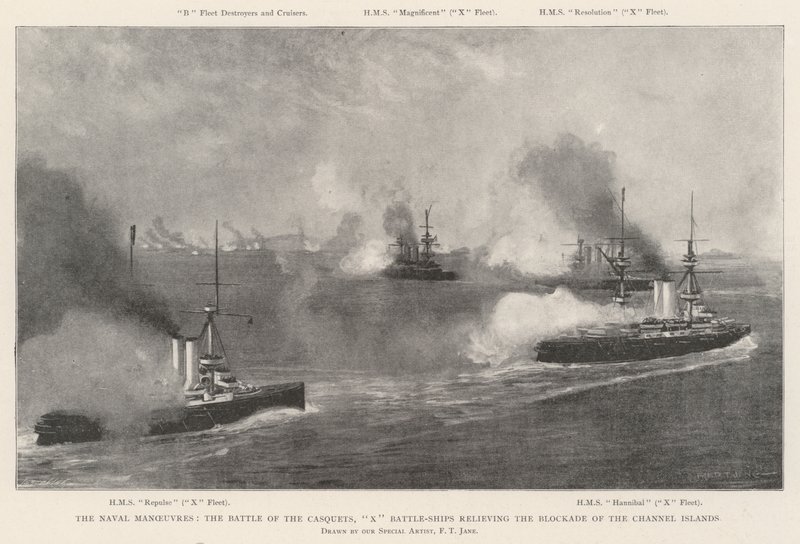 De Marine Manoeuvres, de Slag bij de Casquets, X Slagschepen die de Blokkade van de Kanaaleilanden Verlichten door Fred T. Jane