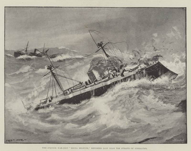 Het Spaanse oorlogsschip, Reina Regente, gemeld verloren nabij de Straat van Gibraltar door Fred T. Jane