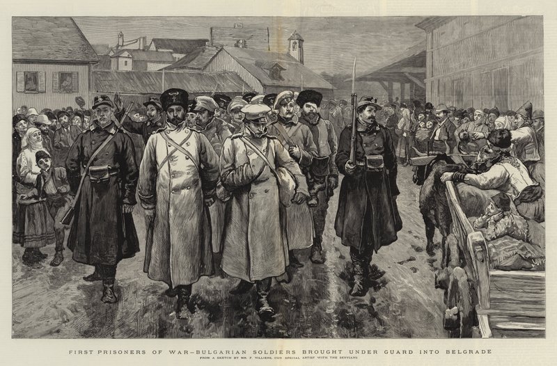 Eerste krijgsgevangenen, Bulgaarse soldaten onder bewaking naar Belgrado gebracht door Frederic Villiers