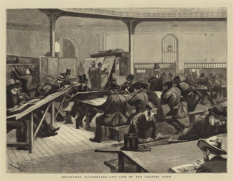 Melbourne Geïllustreerd, Interieur van de Leeszaal door Frederic Villiers