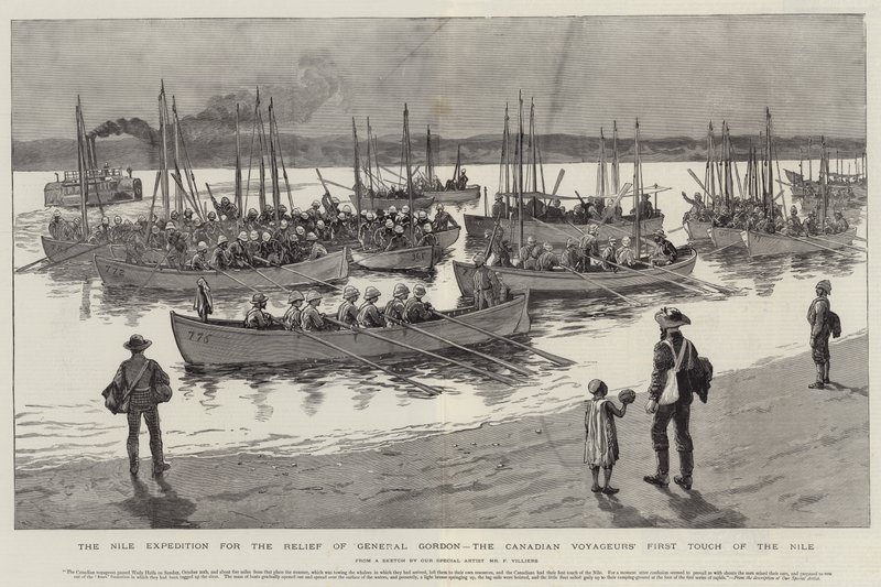 De Nijl-expeditie voor de verlichting van generaal Gordon, de eerste aanraking van de Canadese voyageurs met de Nijl door Frederic Villiers