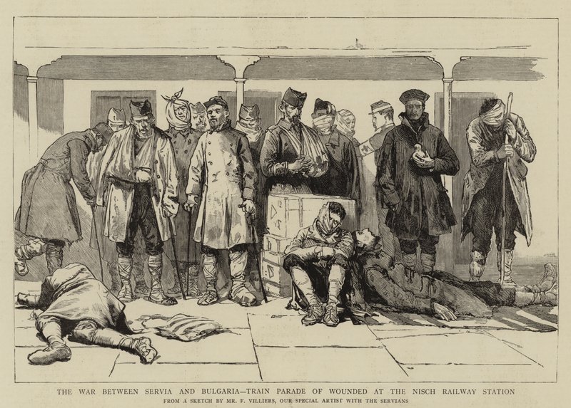 De oorlog tussen Servië en Bulgarije, treinparade van gewonden op het Nisch-treinstation door Frederic Villiers