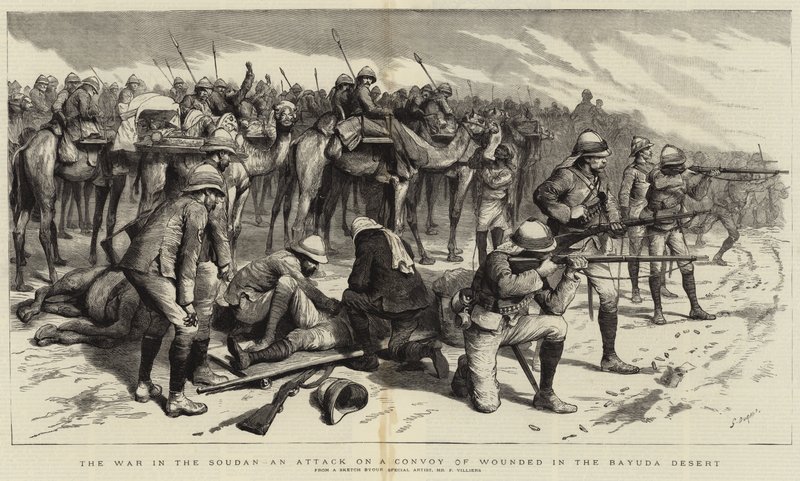 De Oorlog in de Soedan, een Aanval op een Konvooi van Gewonden in de Bayuda-woestijn door Frederic Villiers
