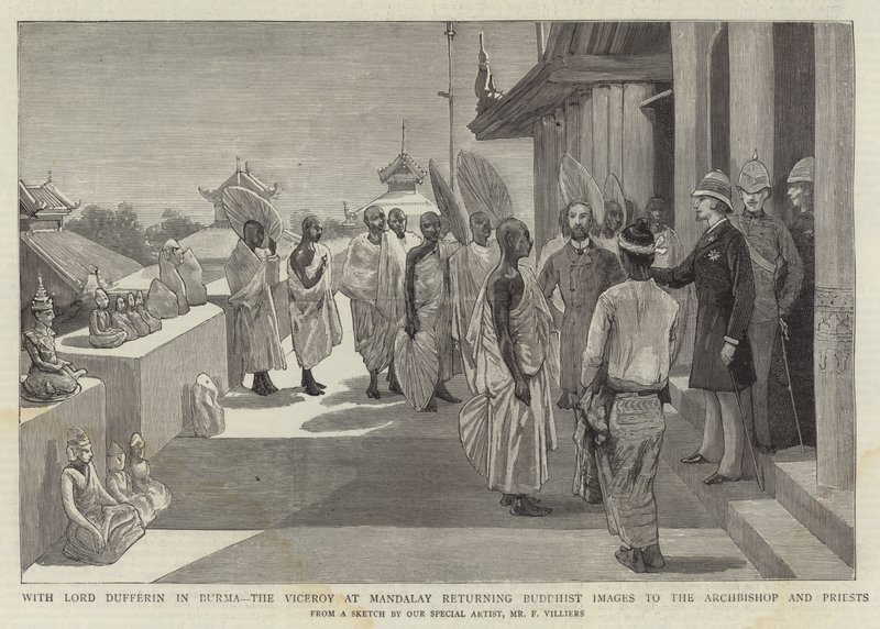 Met Lord Dufferin in Birma, de Onderkoning in Mandalay die Boeddhistische Beelden Teruggeeft aan de Aartsbisschop en Priesters door Frederic Villiers