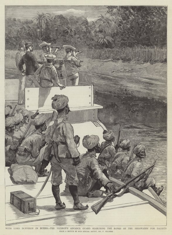 Met Lord Dufferin in Birma, de Voorhoede van de Onderkoning die de Oevers van de Irrawaddy Doorzoekt naar Dacoits door Frederic Villiers