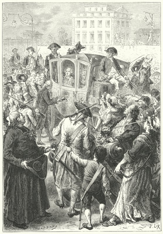Lodewijk XVI naar Parijs gebracht nadat de menigte het Paleis van Versailles aanviel door Frederic Theodore (after) Lix