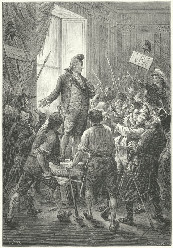 Lodewijk XVI van Frankrijk gedwongen om een Frygische muts op te zetten door de sans-culottes na hun invasie van het Tuilerieënpaleis door Frederic Theodore (after) Lix