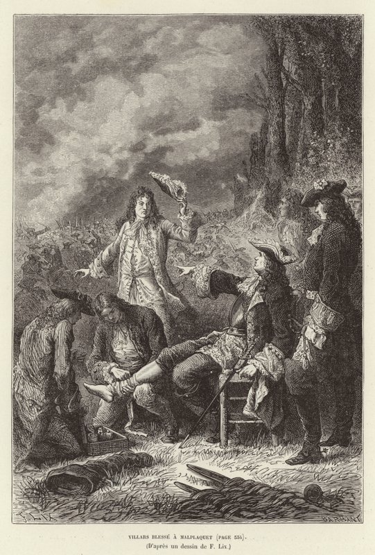 Villars gewond bij Malplaquet. Claude Louis Hector de Villars, Maarschalk van Frankrijk, gewond bij de Slag om Malplaquet, Spaanse Successieoorlog door Frederic Theodore Lix
