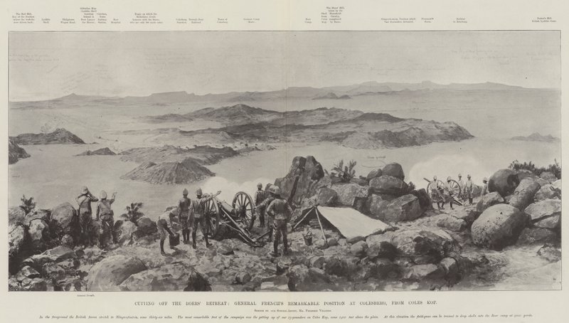 Het Afsluiten van de Terugtocht van de Boeren, De Opmerkelijke Positie van Generaal French bij Colesberg, vanaf Coles Kop door Frederic Villiers