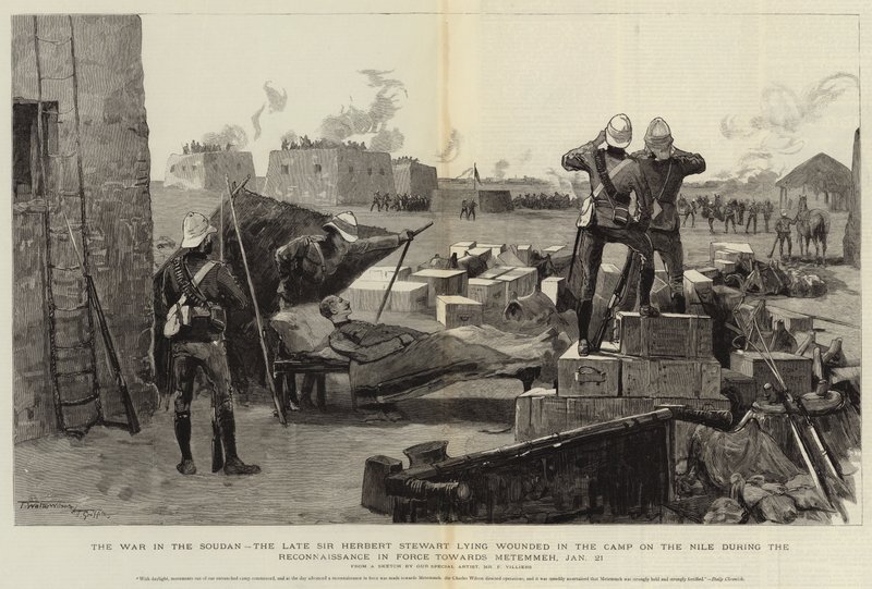 De oorlog in Soedan, de overleden Sir Herbert Stewart liggend gewond in het kamp aan de Nijl tijdens de verkenning in kracht richting Metemmeh, 21 januari door Frederic Villiers