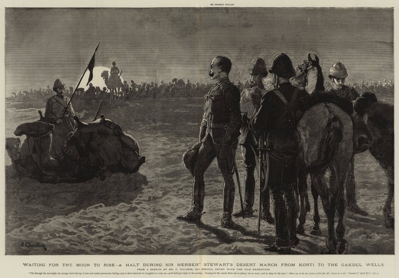Wachten tot de maan opkomt, een pauze tijdens de woestijnmars van Sir Herbert Stewart van Korti naar de Gakdul Wells door Frederic Villiers