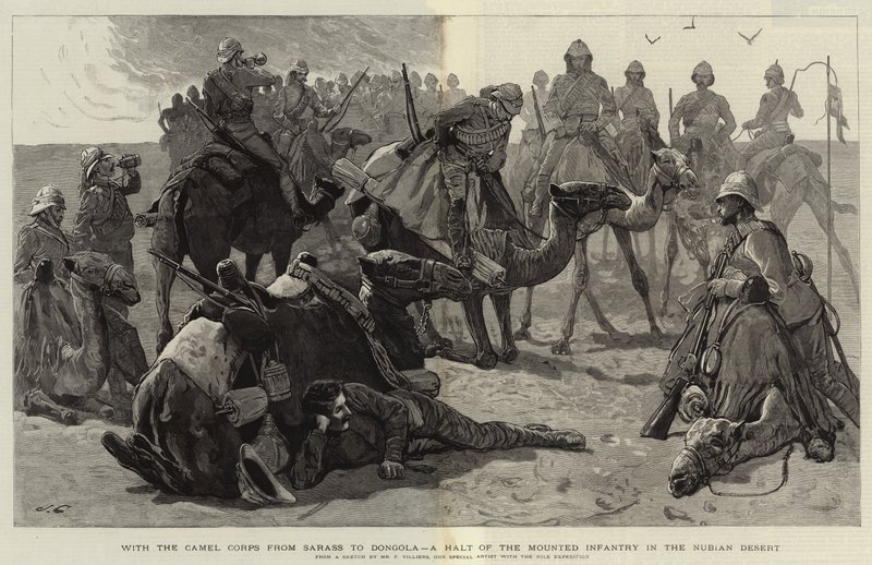 Met het Kameelkorps van Sarass naar Dongola, een rustpauze van de gemonteerde infanterie in de Nubische woestijn door Frederic Villiers