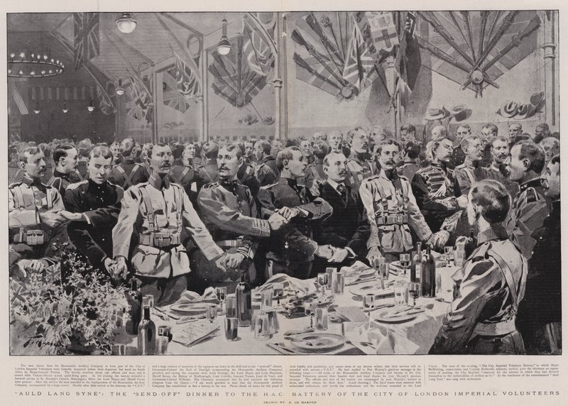 Auld Lang Syne, het afscheidsdiner voor de HAC-batterij van de City of London Imperial Volunteers door Frederic de Haenen